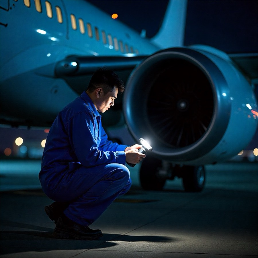 Ground crew using a Litenza handheld light to inspect an aircraft engine at night