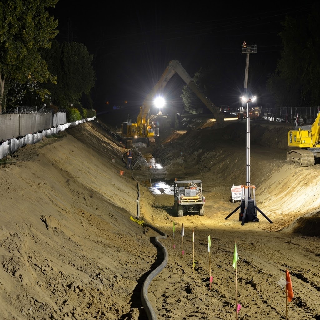 Litenza light tower deployed at a night construction trench site