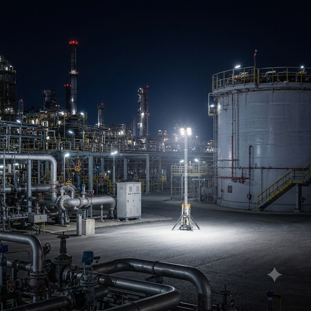 Litenza light tower illuminating a refinery tank farm at night