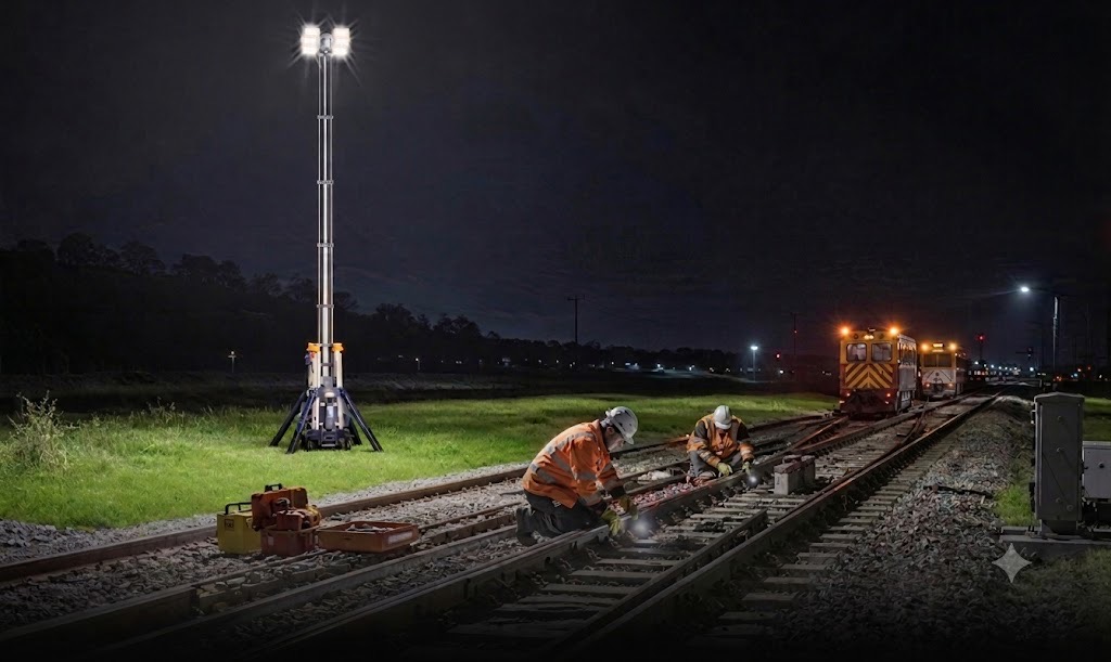Litenza light tower illuminating a railway track maintenance crew at night