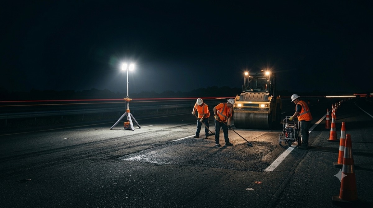Litenza light tower illuminating a highway resurfacing crew at night