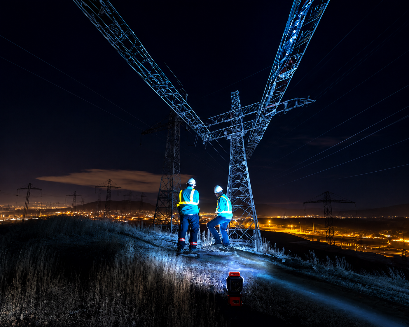Utility line workers using a Litenza pan-tilt light at night