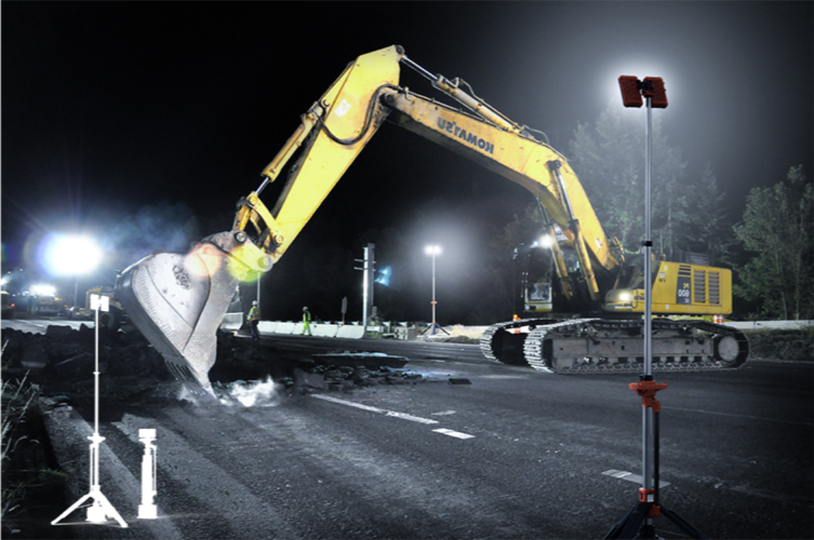 LI-300 light tower deployed on a construction site at night